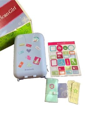 American Girl Doll Travel Set Suitcase Blue accessories EUC passport tickets